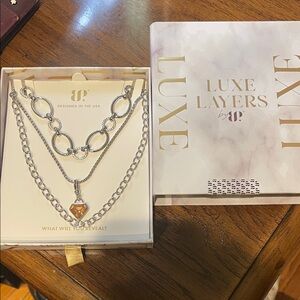 New in Box BP Luxe Layers 3 Necklace Set, Silver Plated w/ CZ (topaz color)